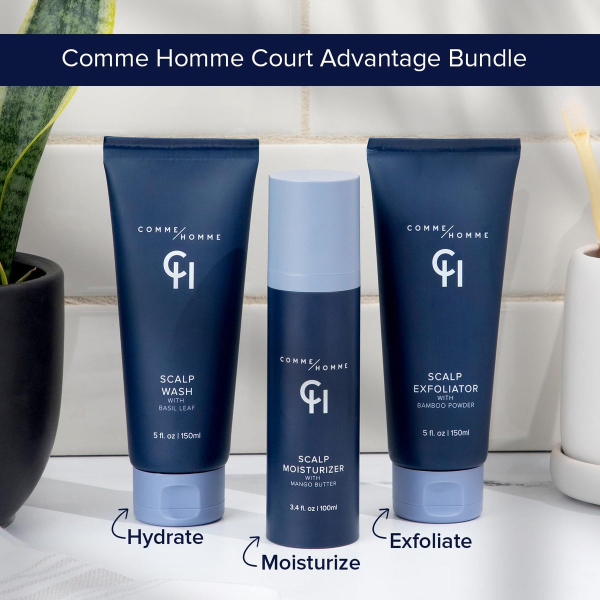 Comme Homme 5 oz bottle showcases premium scalp care packaging.
