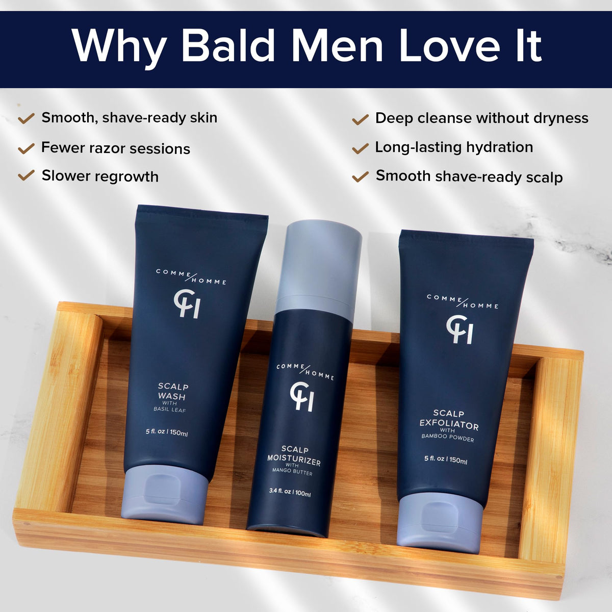 Comme Homme Soothing Scalp Moisturizer with Aloe and Mango Butter provides all-day softness.