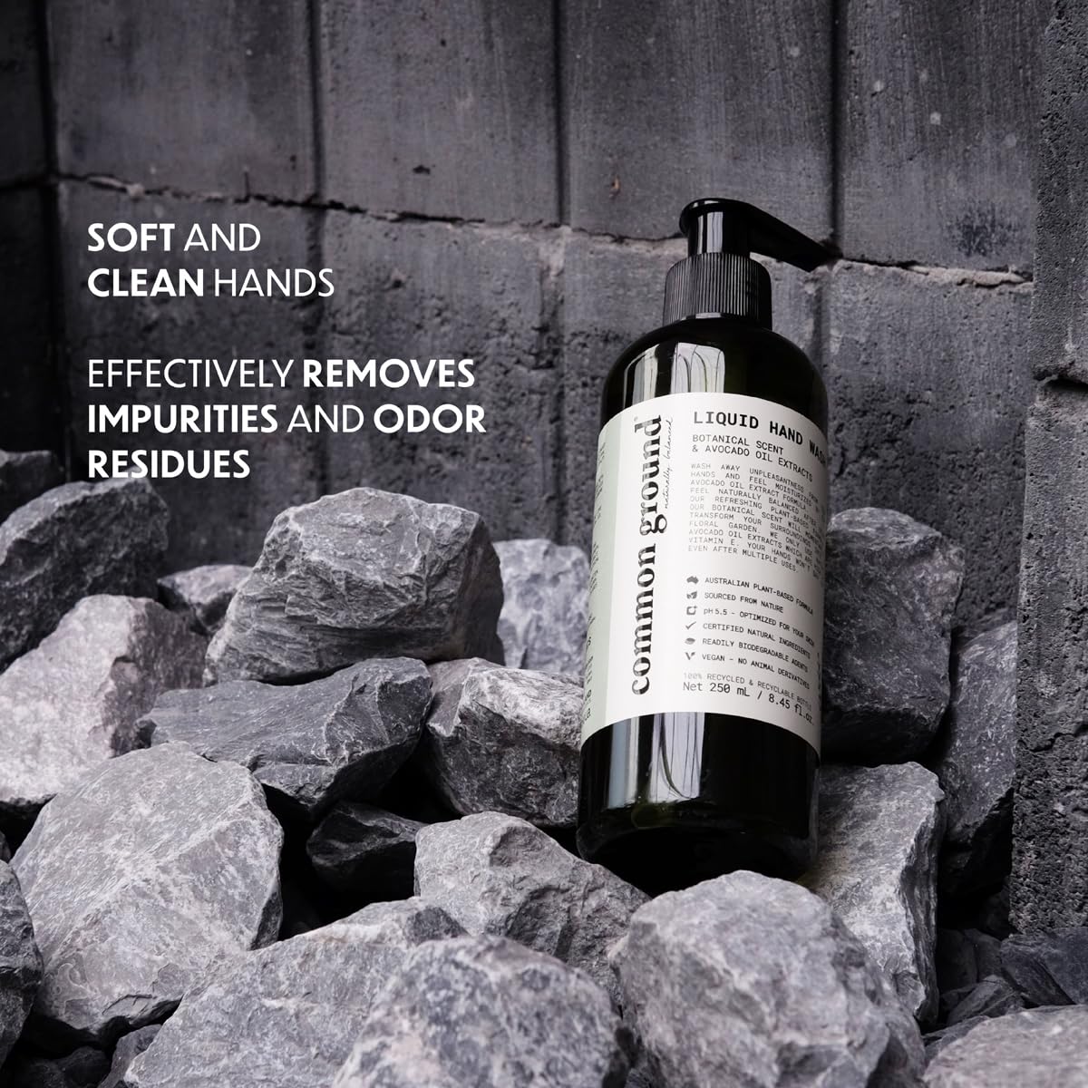 Common Ground hand wash avocado oil ingredients panel highlights nourishment.