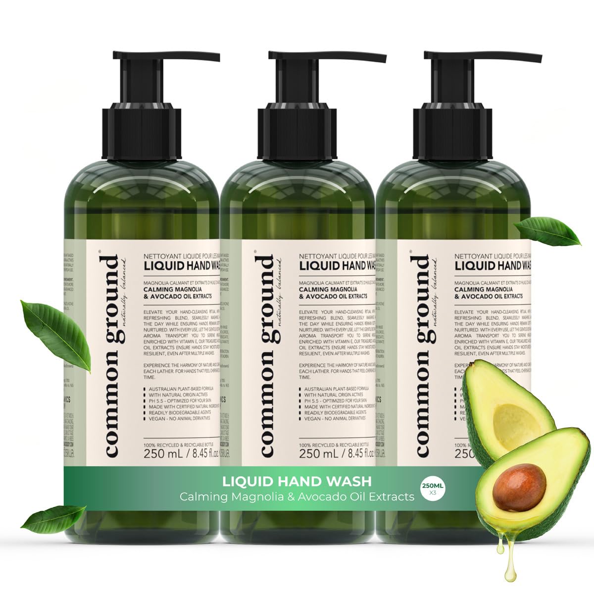 Common Ground hand wash bottle front with avocado oil for gentle daily cleansing.