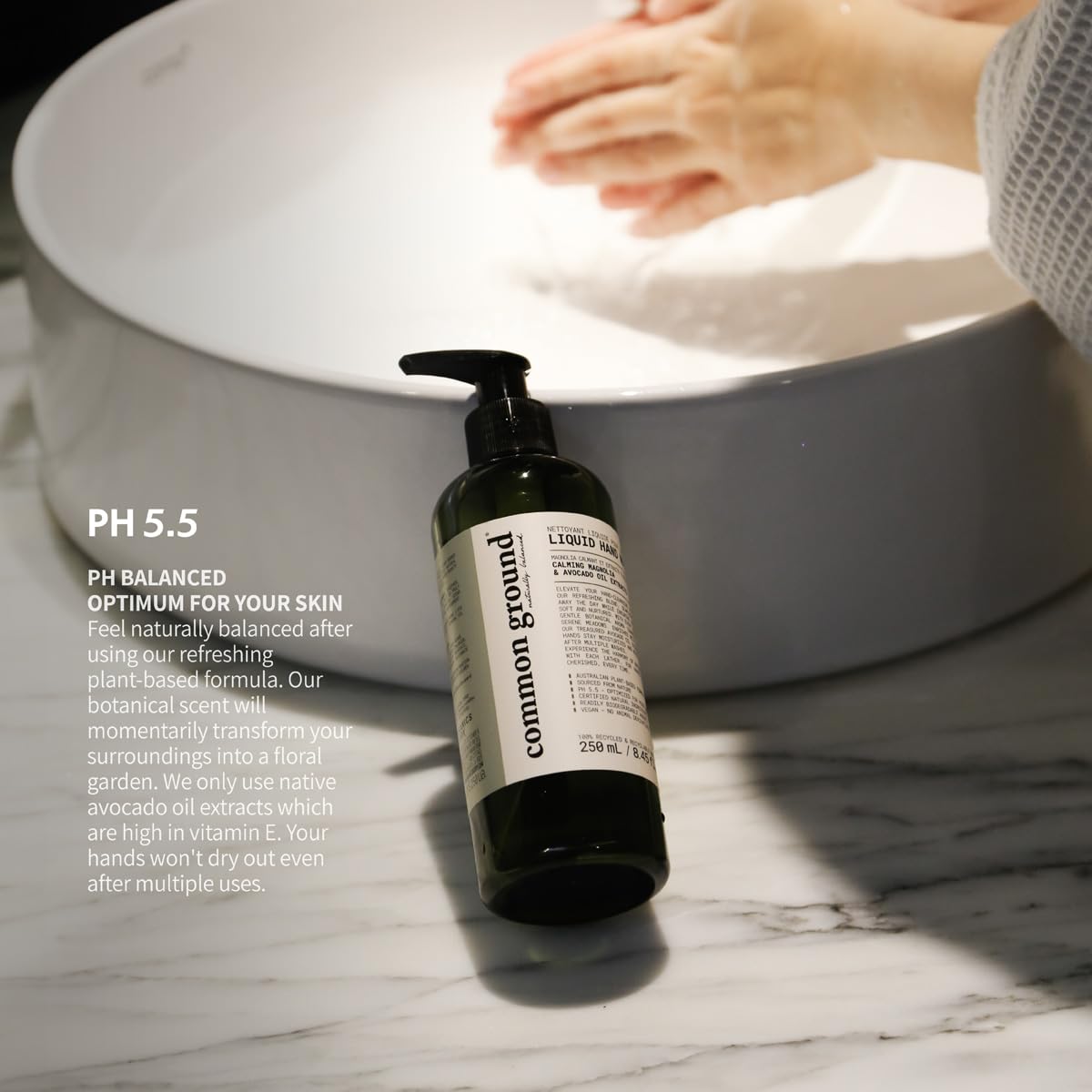 Common Ground hand wash label with LEAPING BUNNY cruelty-free certification.