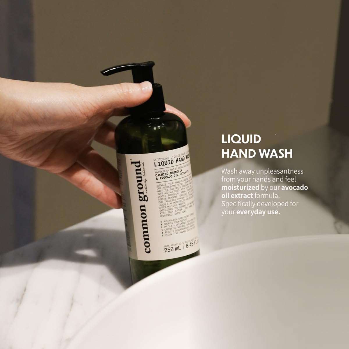 Common Ground hand wash pump bottle highlighting vegan formula for sensitive skin.