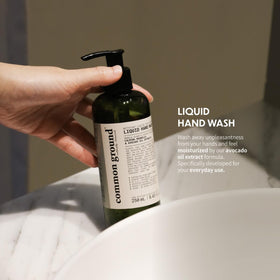 Common Ground hand wash pump bottle highlighting vegan formula for sensitive skin.
