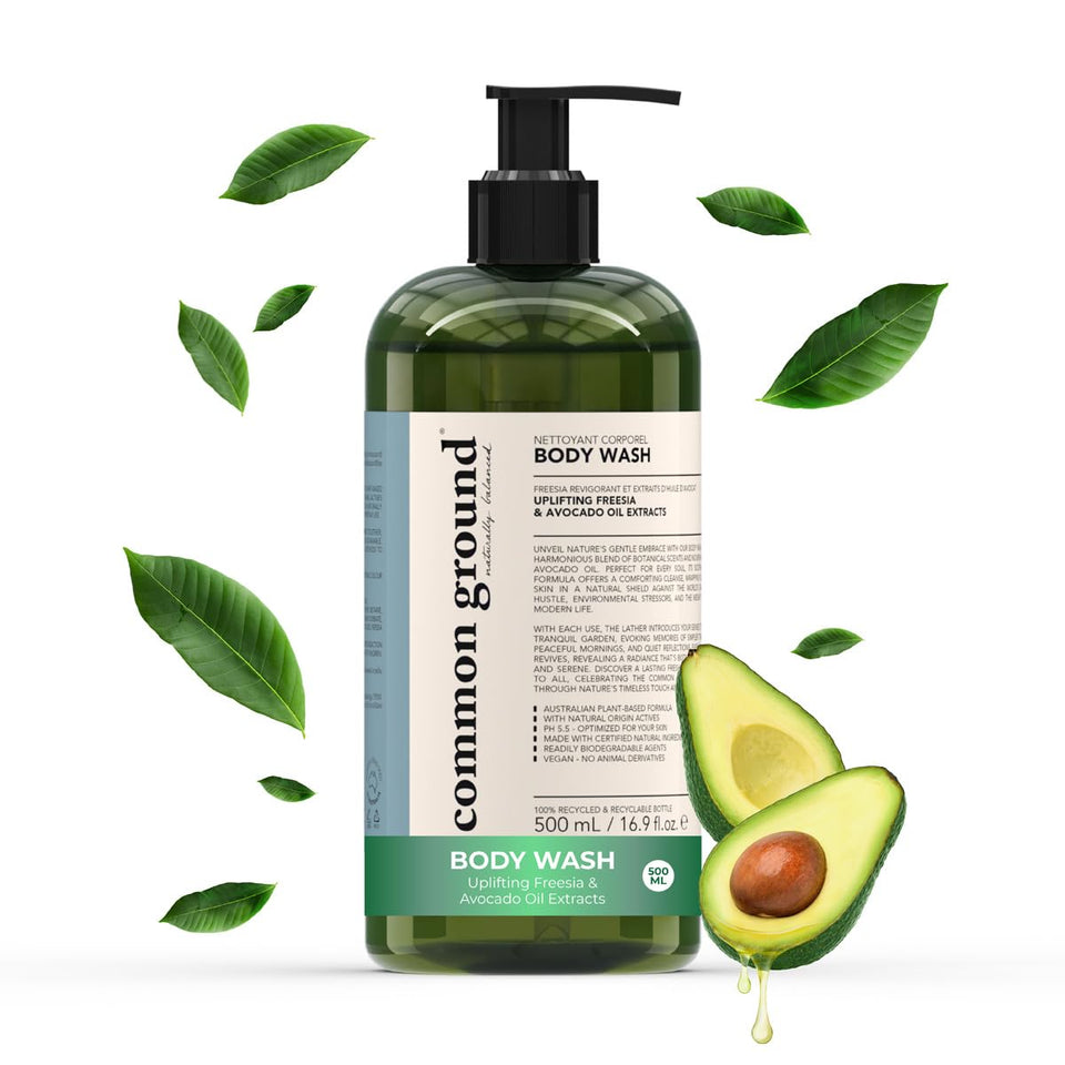 COMMON GROUND natural body wash with avocado oil extracts for balanced hydration.