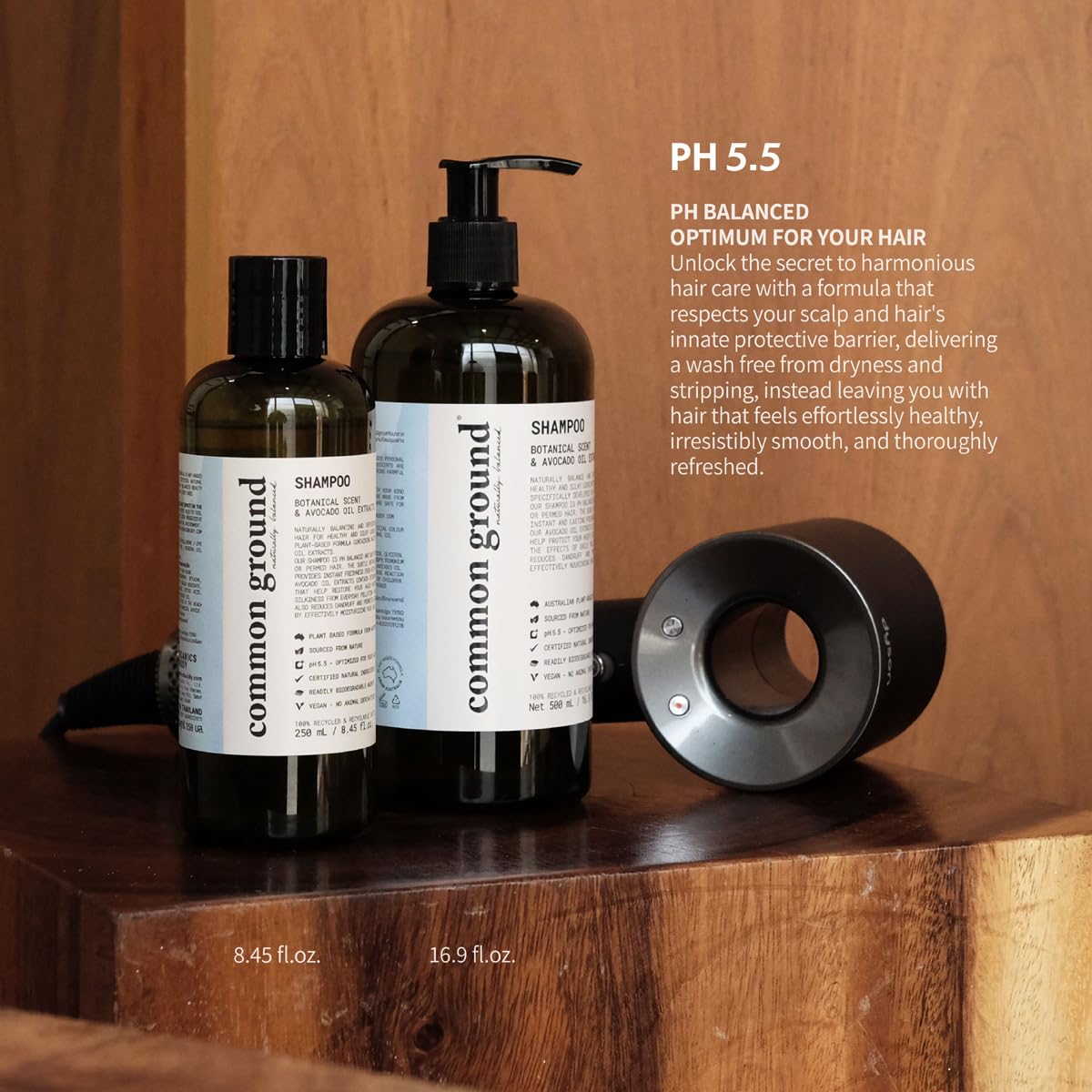 Common Ground shampoo and conditioner set packaging shows plant-based formula.