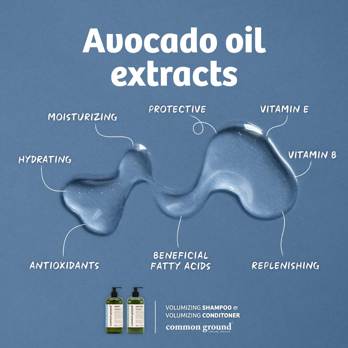 Common Ground volumizing conditioner bottle dispensing lightweight conditioning that won't weigh hair down.