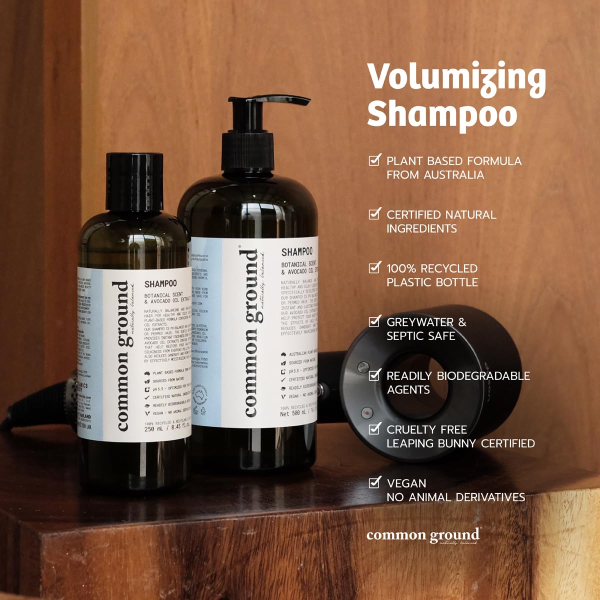 Common Ground volumizing conditioner close-up reveals silky, smooth texture for soft hair.