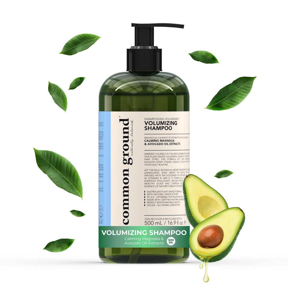 Common Ground Volumizing Shampoo bottle front highlights avocado oil for volume and shine.
