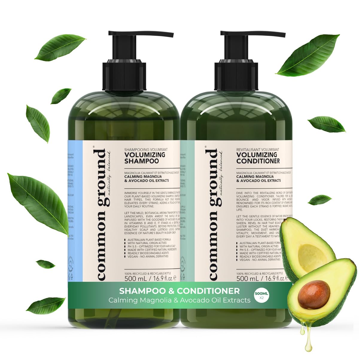 Common Ground volumizing shampoo bottle being poured for fuller, bouncier hair.