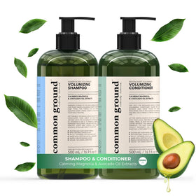 Common Ground volumizing shampoo bottle being poured for fuller, bouncier hair.