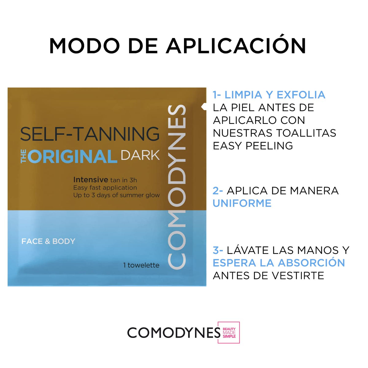 Packaging image shows a portable, 8-count pack for on-the-go tanning.