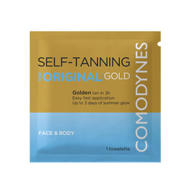 Comodynes self-tanning towelettes close-up application for an even face and body tan.