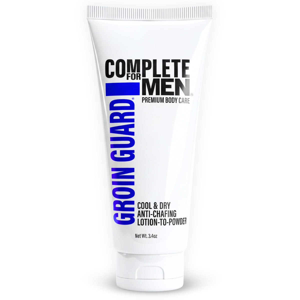 Complete For Men groin guard anti-chafing cream bottle showing instant protection during activity.