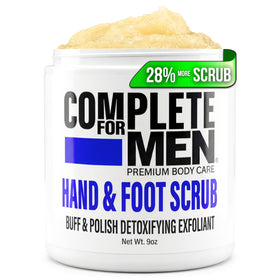 Complete for Men hand and foot scrub jar with exfoliating sugar crystals for dry skin.