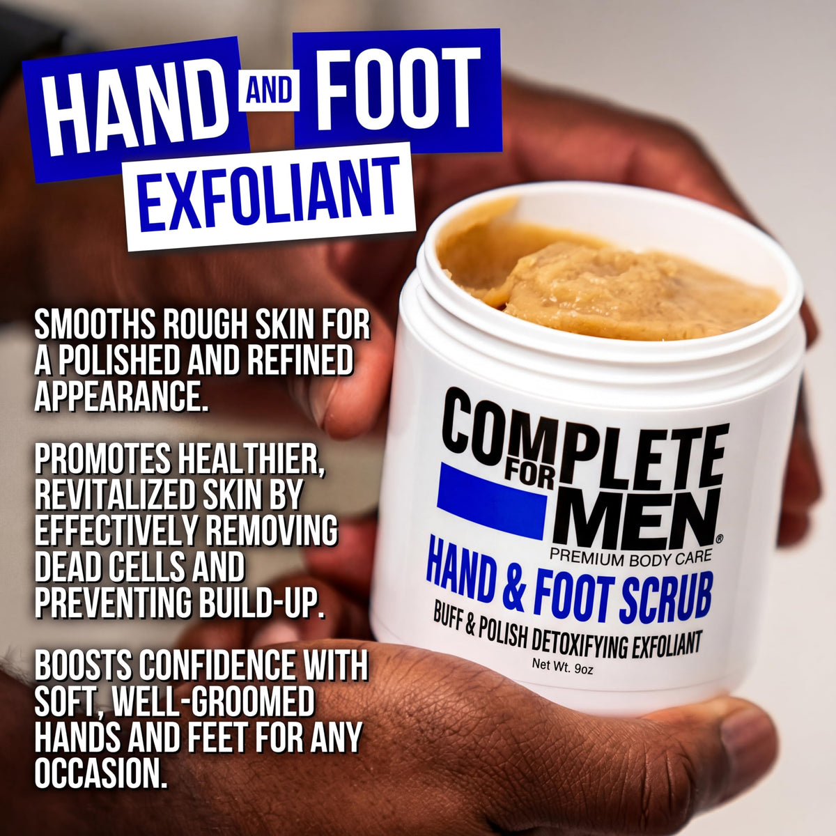 Complete for Men hand exfoliation close-up during application.
