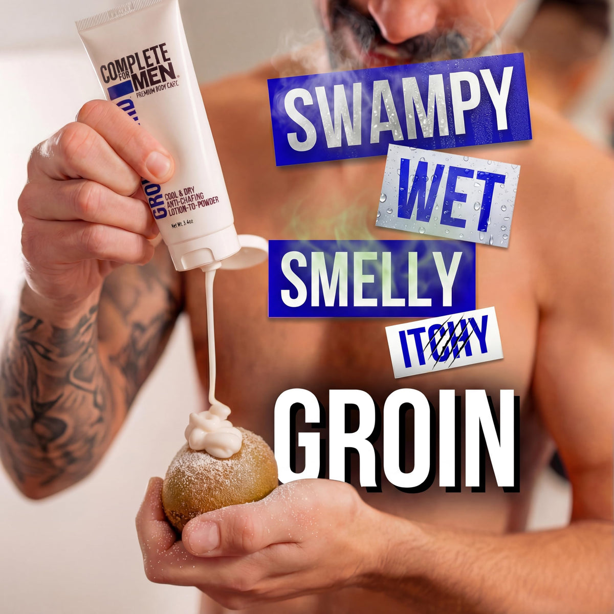Complete For Men lotion-to-powder texture transition demonstrating non-greasy, fast-absorbing relief.