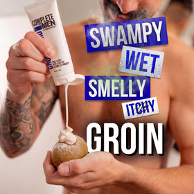 Complete For Men lotion-to-powder texture transition demonstrating non-greasy, fast-absorbing relief.