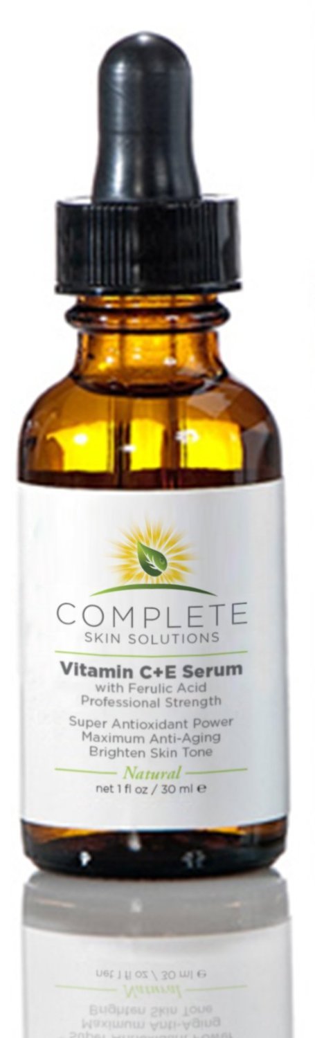 Complete Skin Solutions ingredient label close-up highlighting vitamin C and ferulic content.