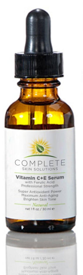Complete Skin Solutions ingredient label close-up highlighting vitamin C and ferulic content.