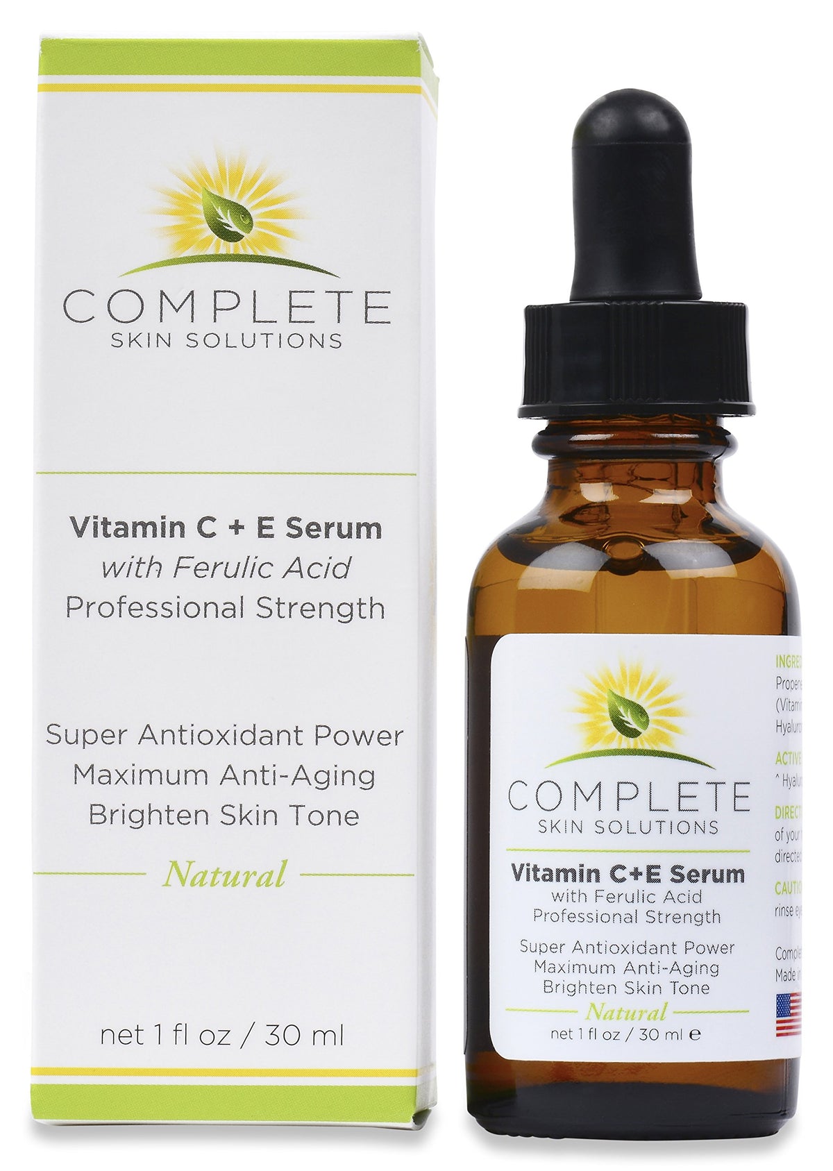 Complete Skin Solutions ferulic acid boost serum bottle for environmental protection.