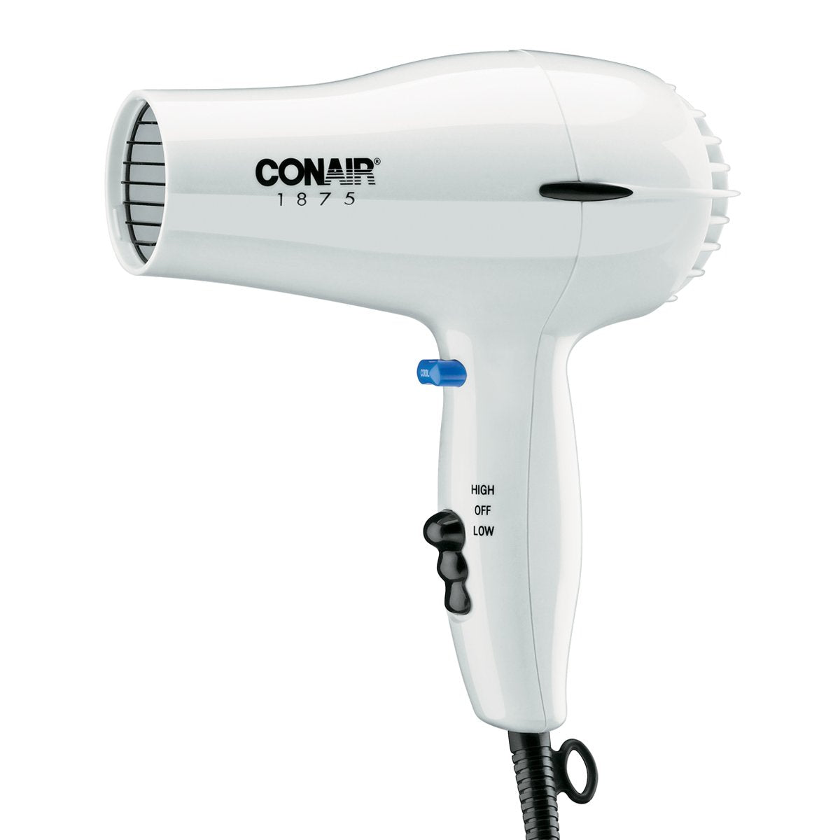 Conair 247BW white compact hair dryer front view with powerful airflow for quick drying