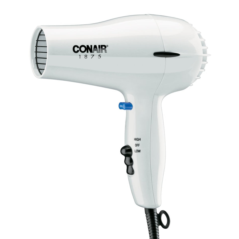 Conair 247BW white compact hair dryer front view with powerful airflow for quick drying