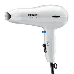 Conair 247BW white compact hair dryer side view with ergonomic grip for comfortable styling
