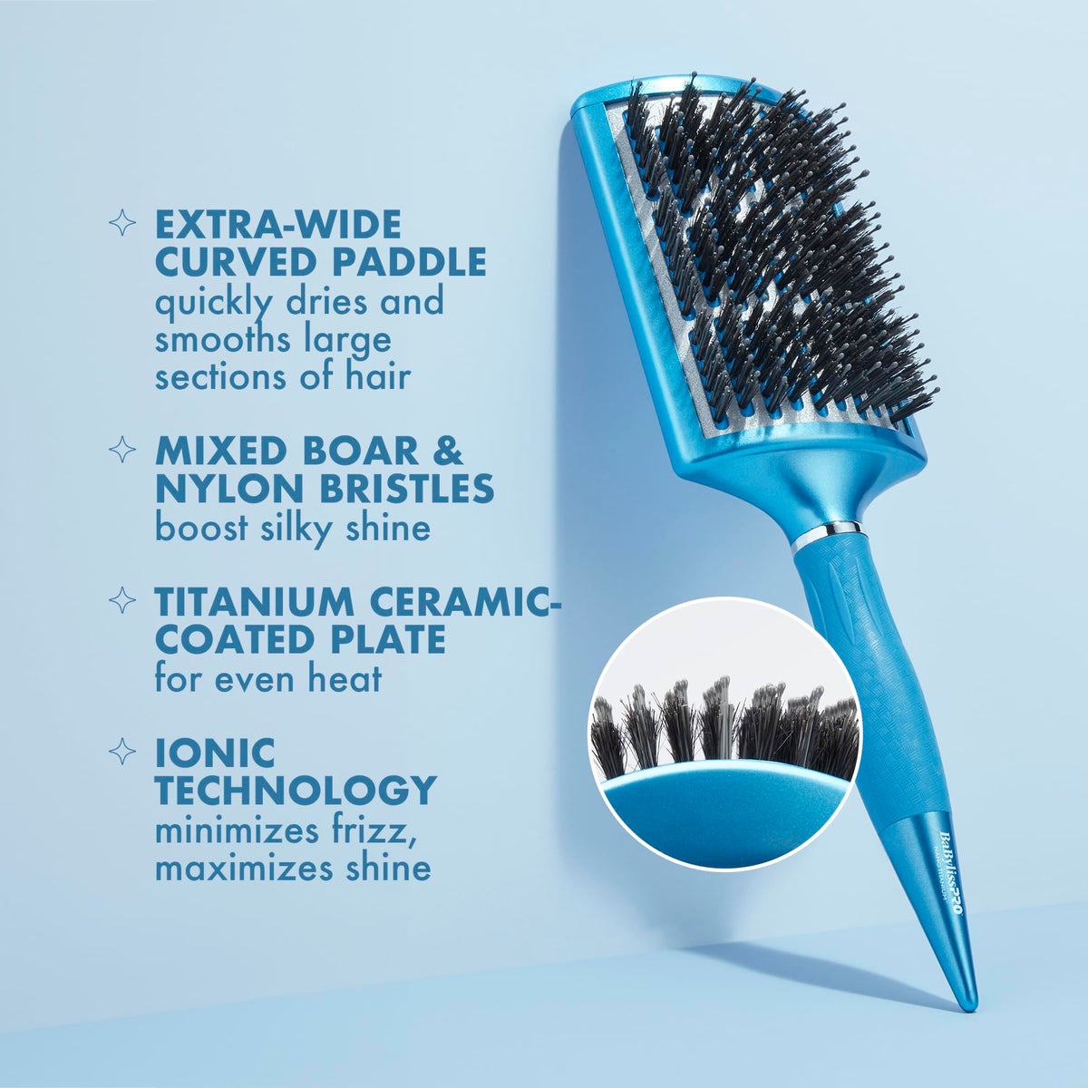 Conair BaBylissPRO curved paddle in-hand highlights ergonomic grip for long sessions.
