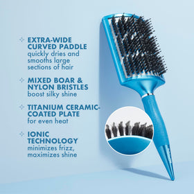 Conair BaBylissPRO curved paddle in-hand highlights ergonomic grip for long sessions.