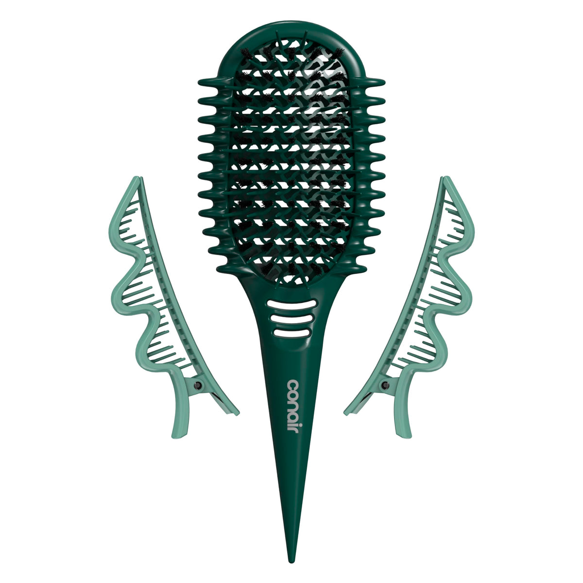 Conair Curl Define Pro detangler brush top view with dual-vent design for fast styling.