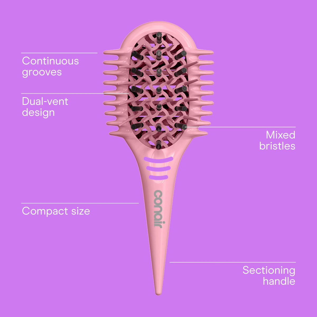 Conair Curl Define Pro Mini Detangler Brush with dual-vent design removes excess water while brushing.