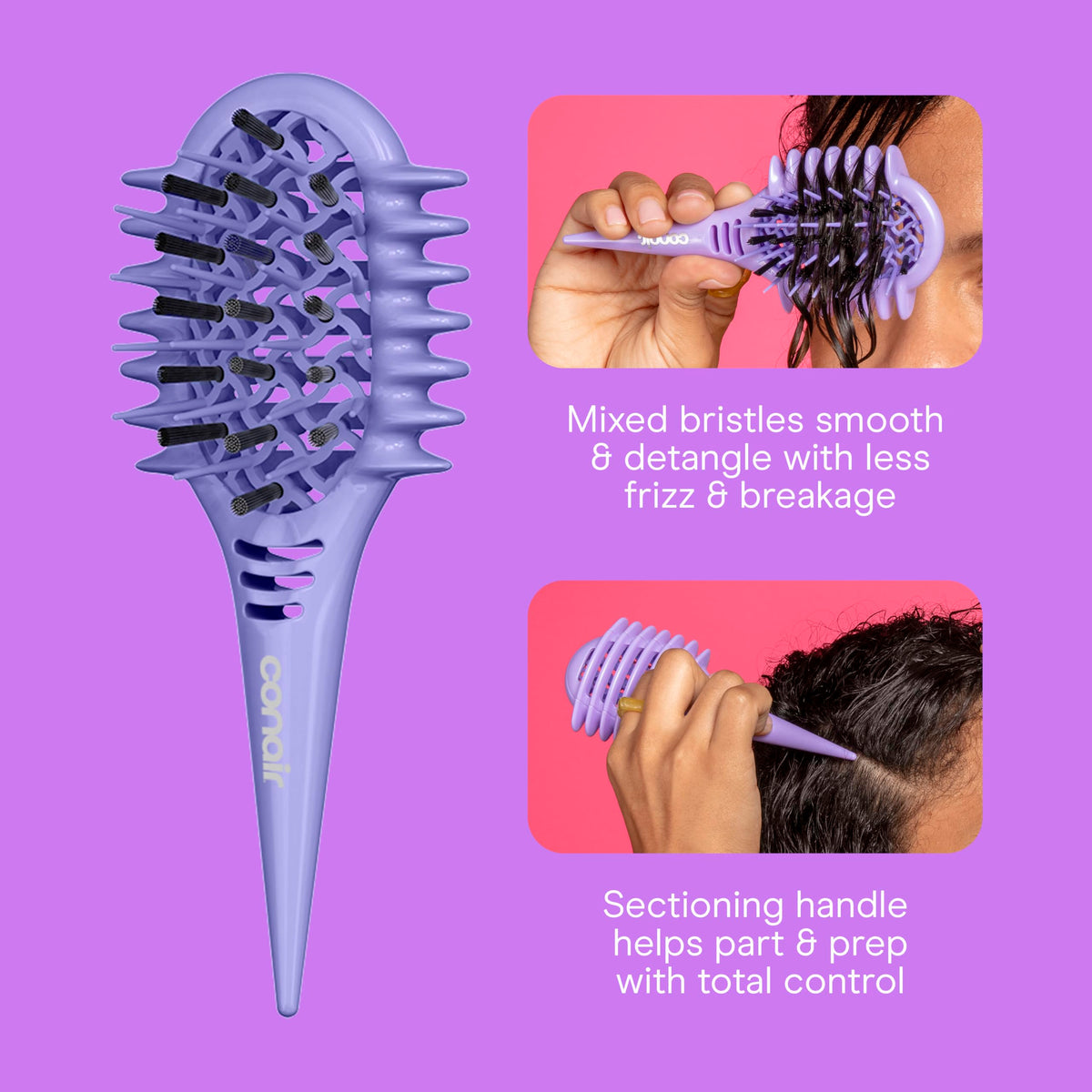 Conair Curl Define Pro Mini Detangler Brush mixed bristles reduce frizz without pulling