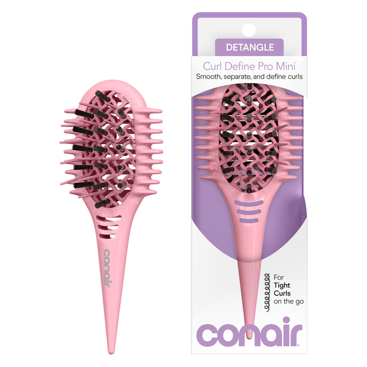 Conair Curl Define Pro Mini Detangler Brush targets tight curls for smooth detangling.