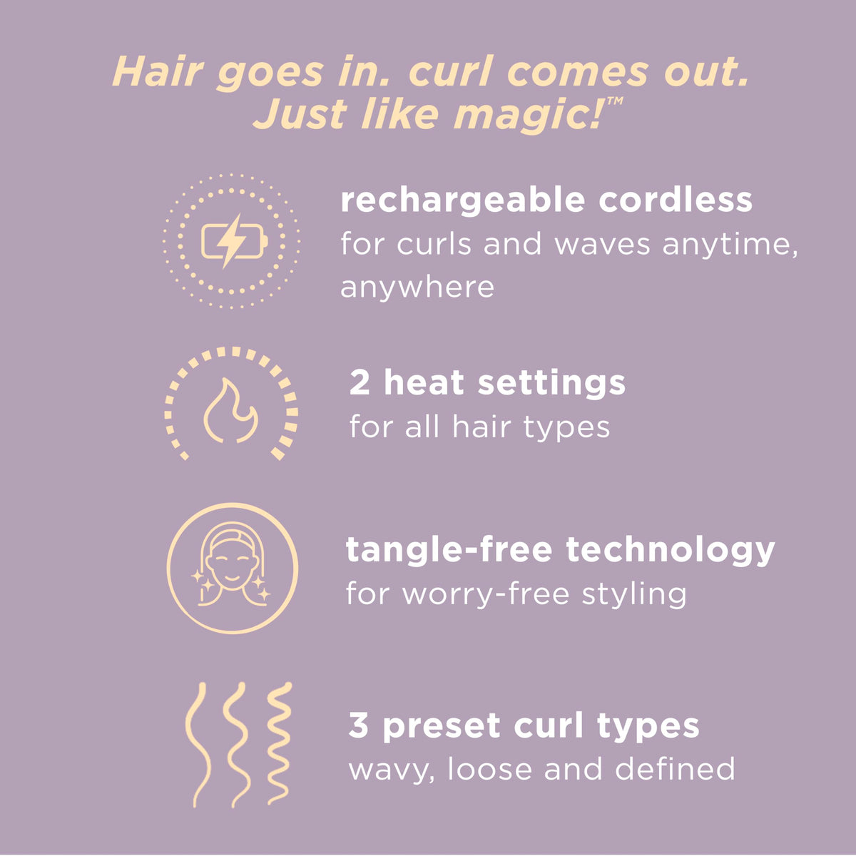 Conair Curl Secret Mini heat settings 360 and 395 for versatile curling.
