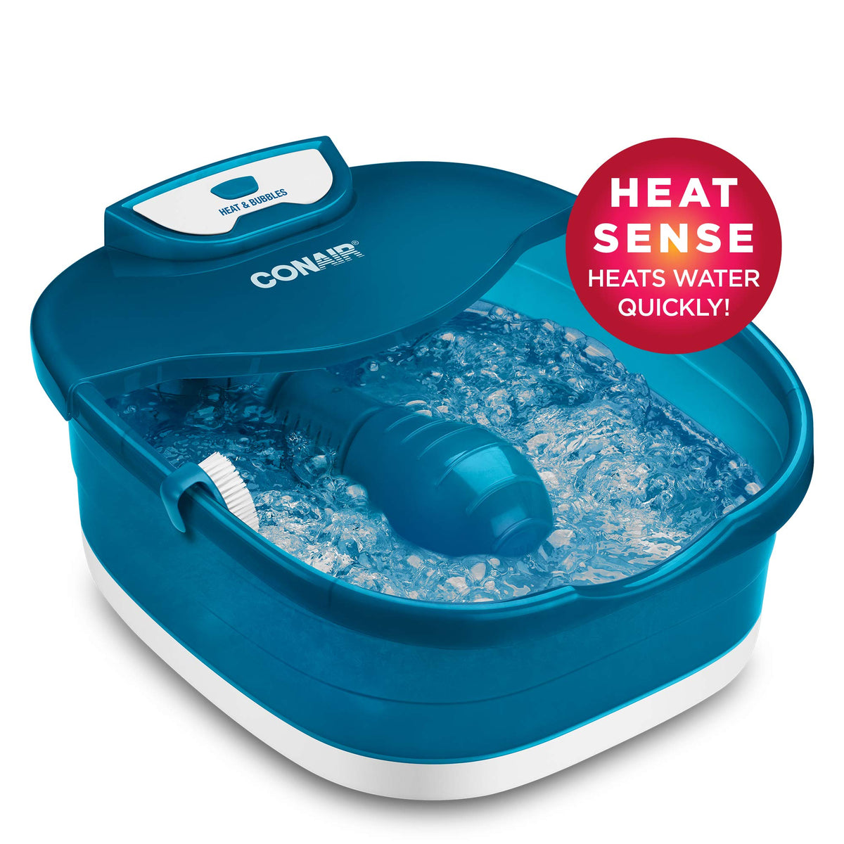 Conair Foot Spa shows bubbly massage for soothing feet during soak.