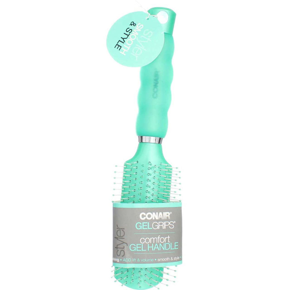 Conair Gel Grips soft-handle brush provides comfortable control for smooth styling.