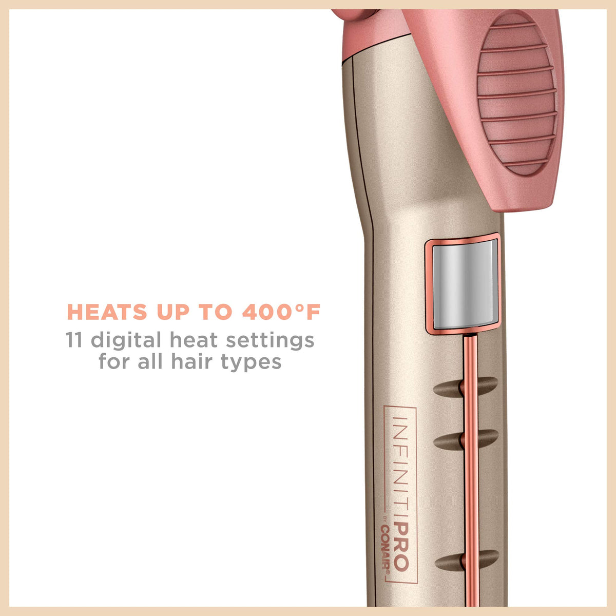 Conair INFINITIPRO Frizz Free curling iron temperature dial at 400°F for versatile styling.