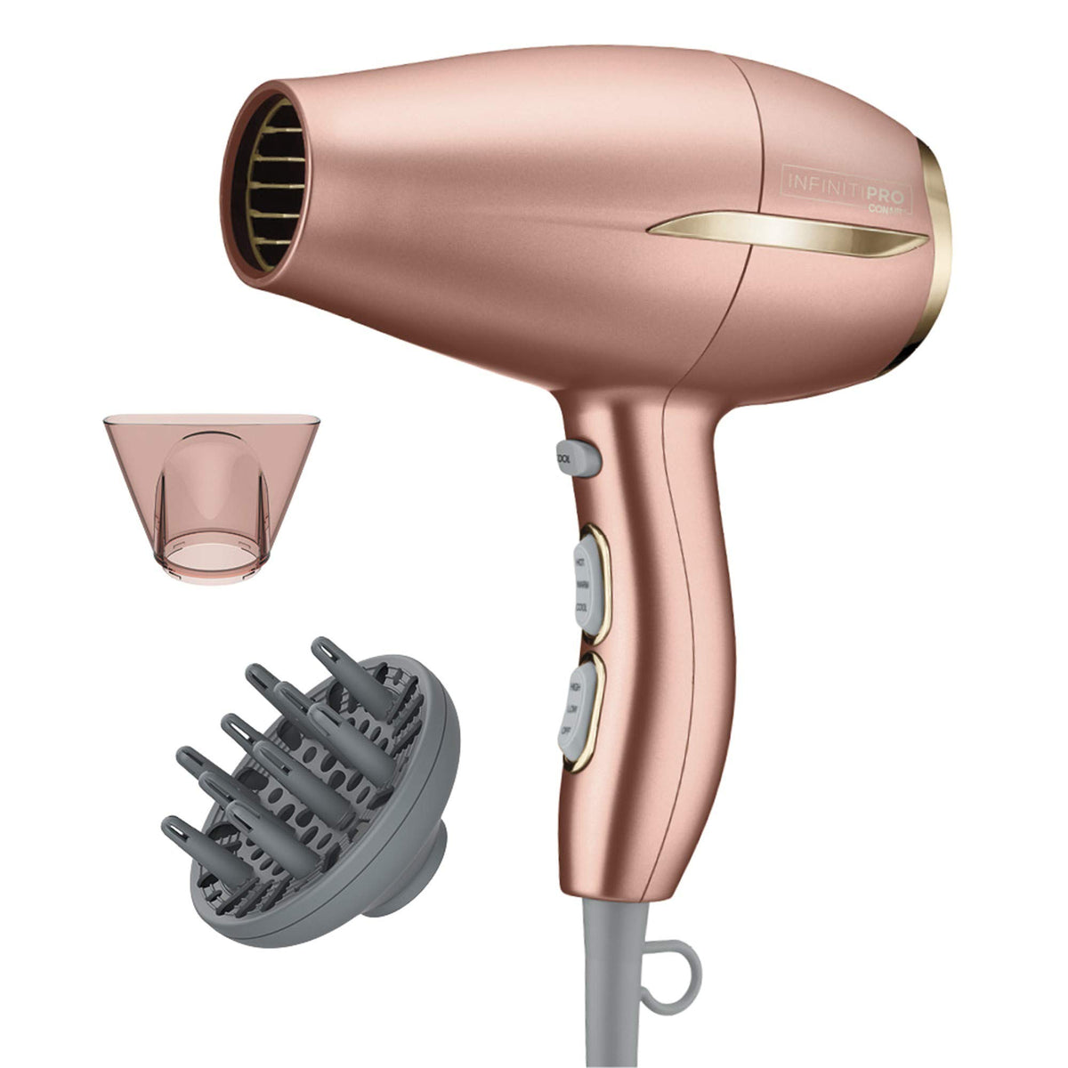 Conair INFINITIPRO Frizz Free compact dryer in dusty rose for fast, gentle styling.