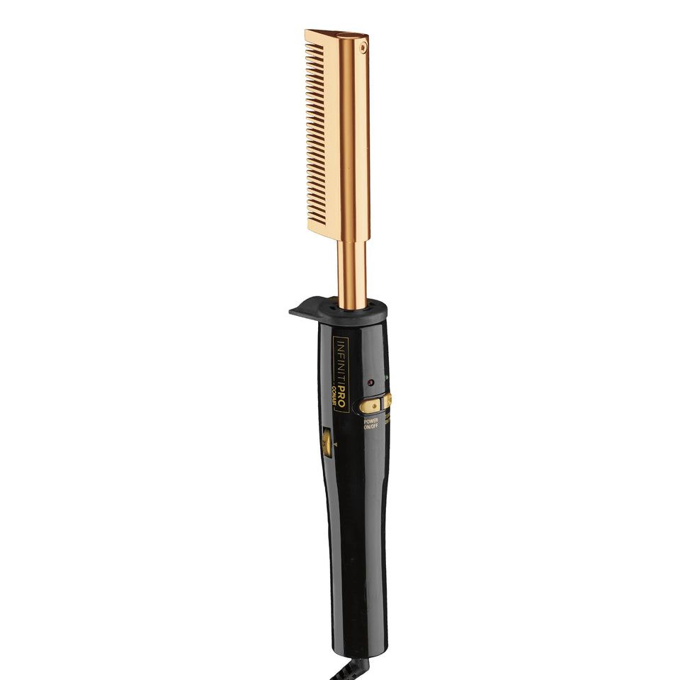 Conair INFINITIPRO gold-plated straightening comb front view for salon-like results.