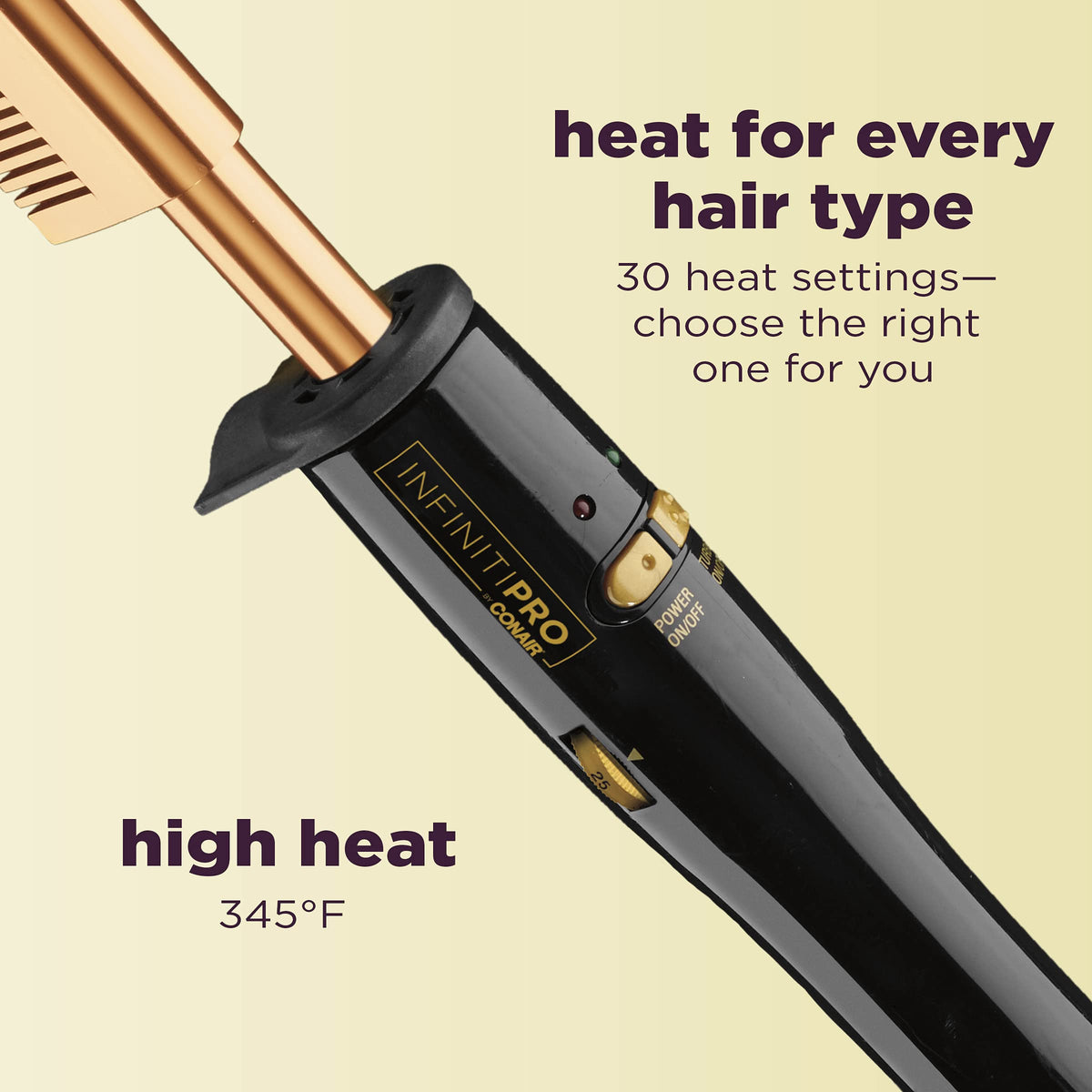 Close-up of the 30-second heat-up and high heat options on the gold-plated head.