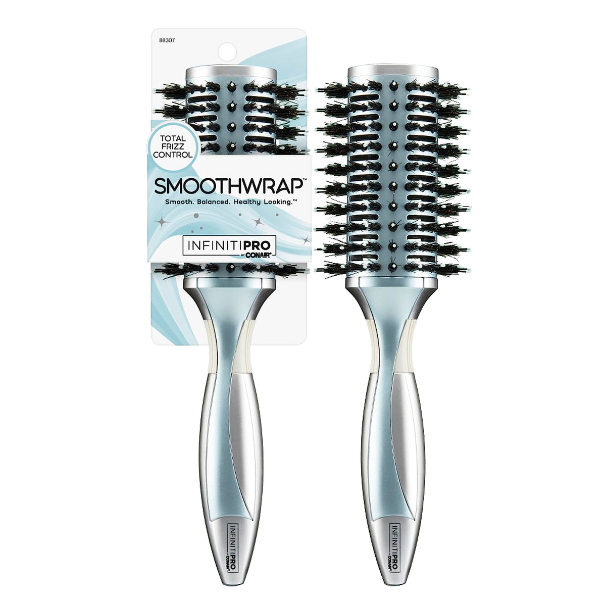 Conair InfinitiPro porcupine round brush close-up with icy blue finish for smooth styling