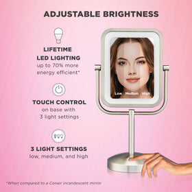 Conair lighted makeup mirror close-up 1x magnification for full-face makeup checks.