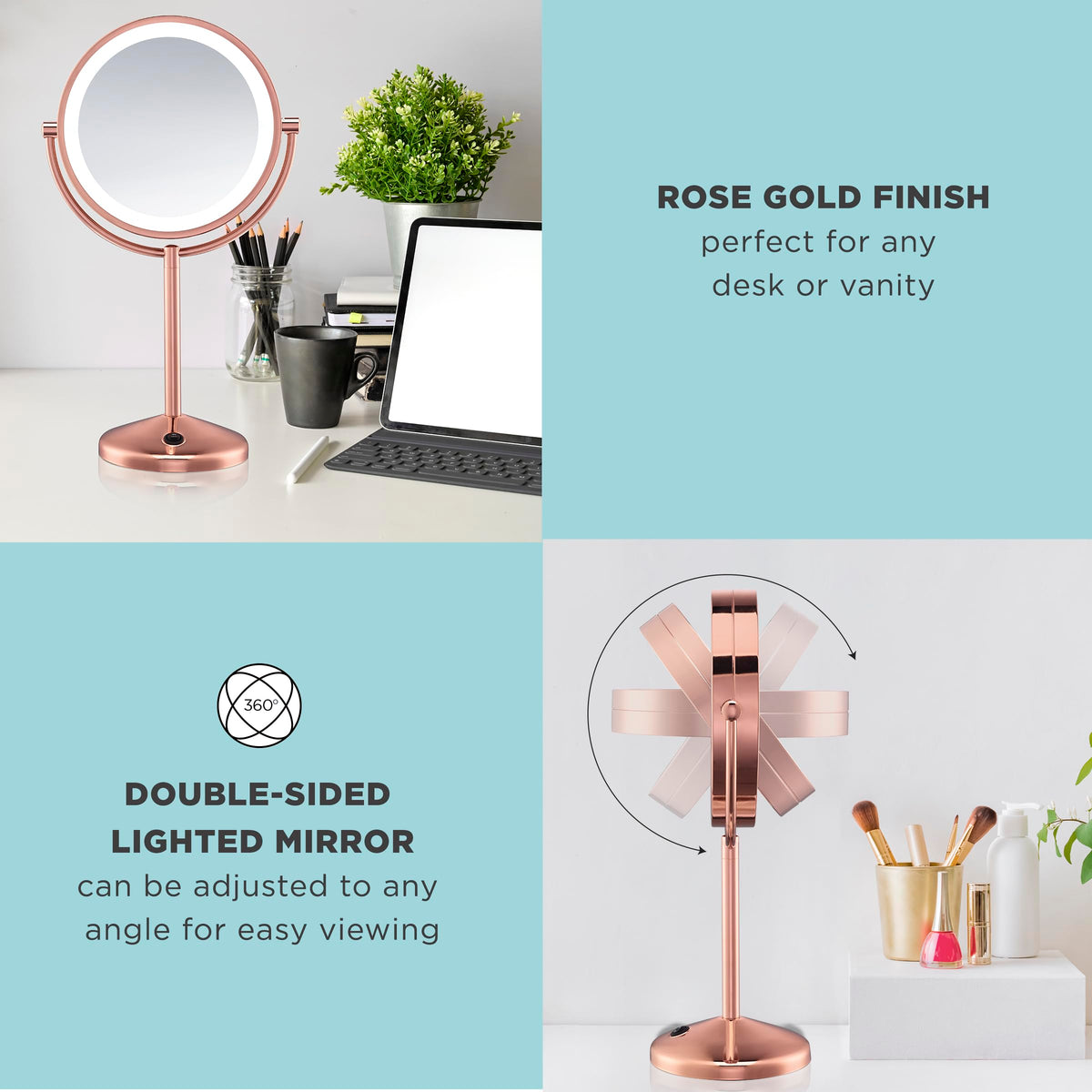 Rose gold Conair vanity mirror with 360-degree rotation for easy angles