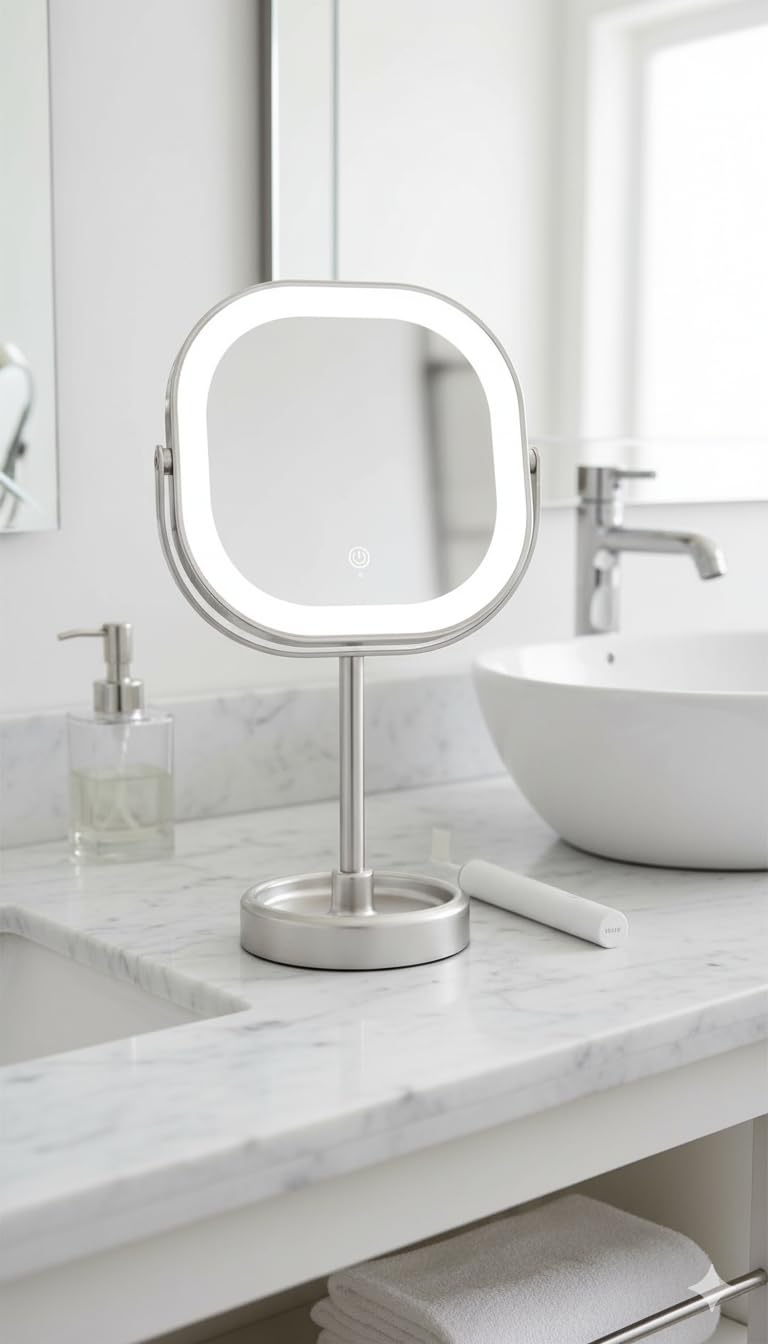 Conair Rotating LED Mirror includes an accessory tray for makeup and jewelry.