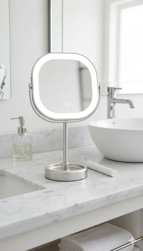 Conair Rotating LED Mirror includes an accessory tray for makeup and jewelry.