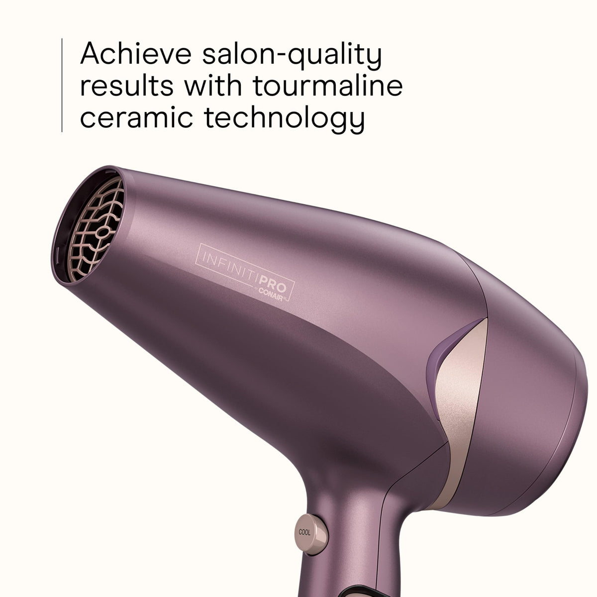 Tourmaline ionic technology helps reduce frizz during styling with Conair dryer.