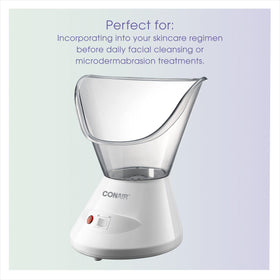 Conair True Glow Mist Steamer shows steam dispersion for deeper cleansing.