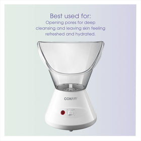 Conair True Glow facial steamer close-up highlighting soothing warm mist for hydration.