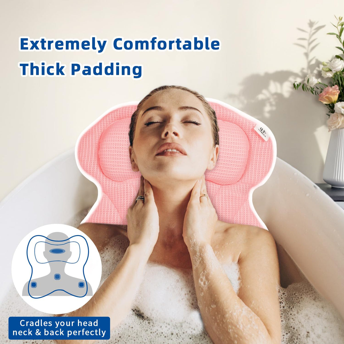 CONBELLA pillow showing six suction cups for secure tub placement