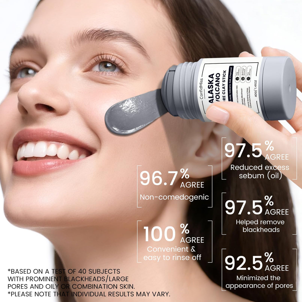 ConfidMiss Alaska Volcano Clay Stick exfoliation for smoother, refined pores.